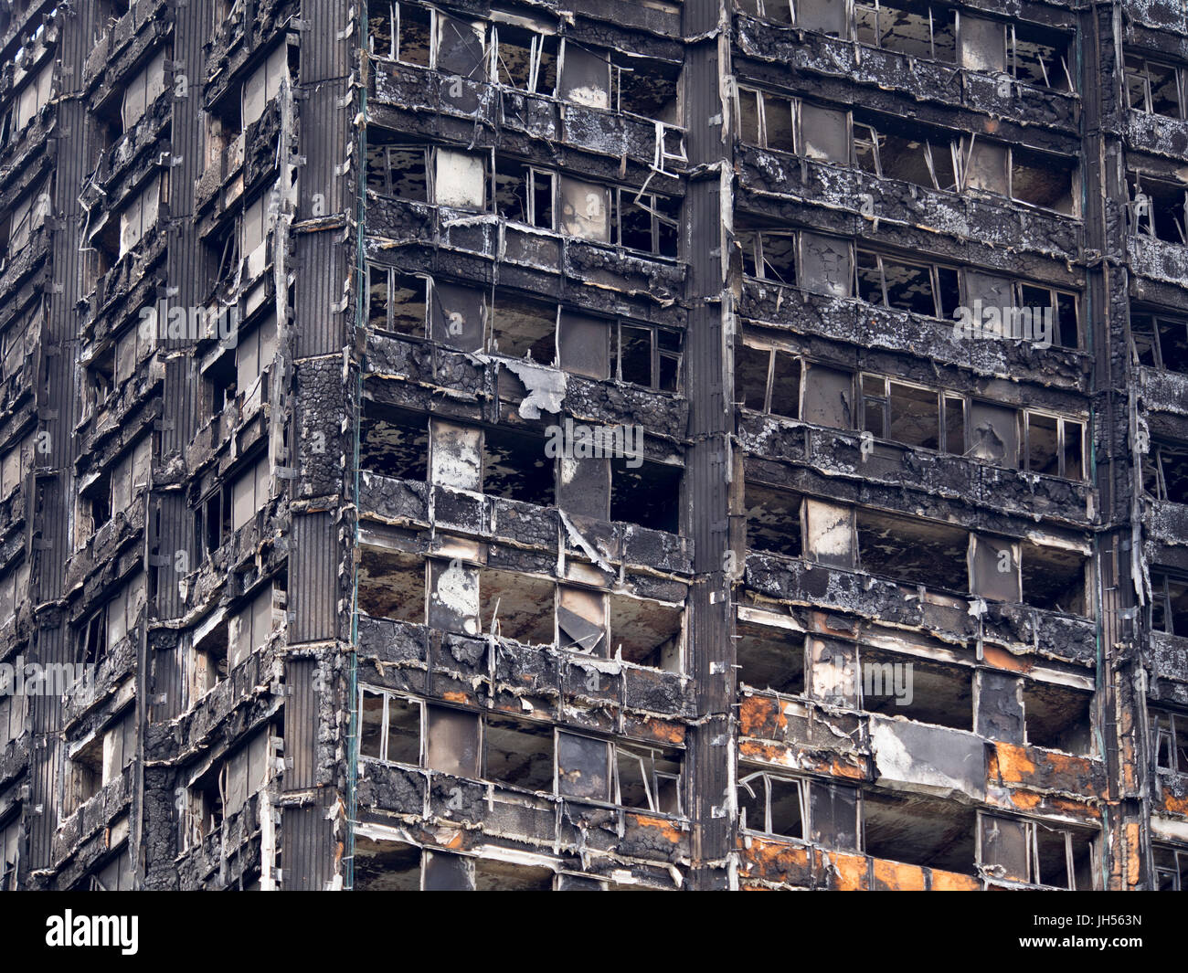 London, UK - Jul 4, 2017: Close up view of the Grenfell Tower block in which at least 80 people are thought to have died following a fire. Stock Photo