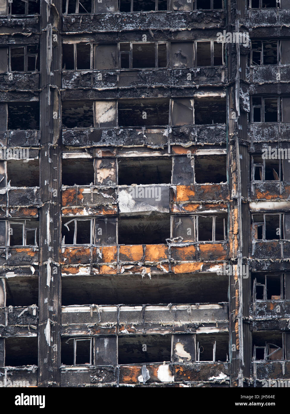 London, UK - Jul 4, 2017: Close up view of the Grenfell Tower block in which at least 80 people are thought to have died following a fire. Stock Photo