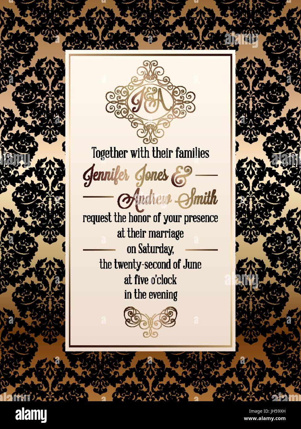 Vintage baroque style wedding invitation card template.. Elegant formal  design with damask background, traditional decoration for wedding. Gold and  bl Stock Vector Image & Art - Alamy