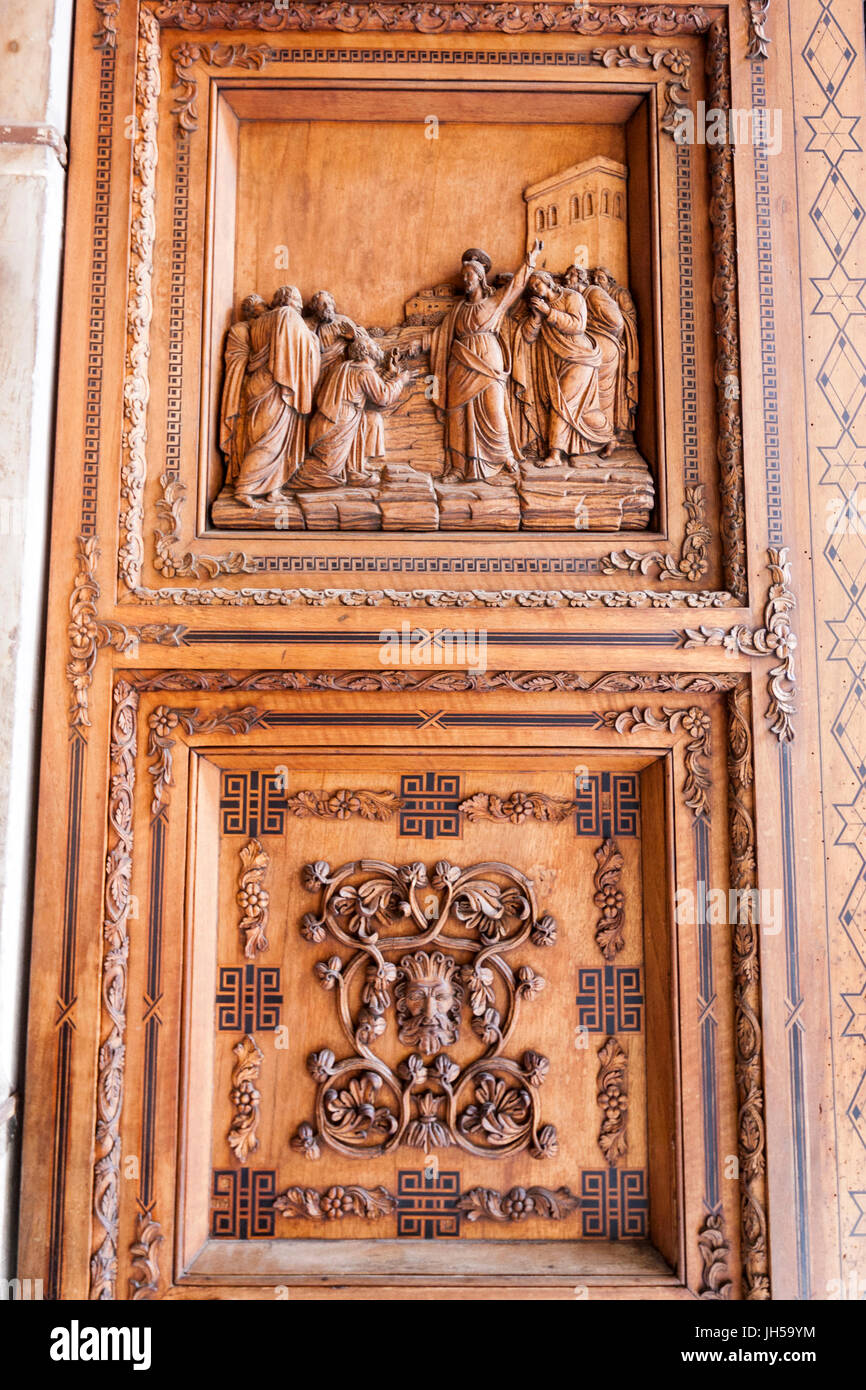 Wood carved in the main door to Cappella Palatina, Palatine Chapel,in