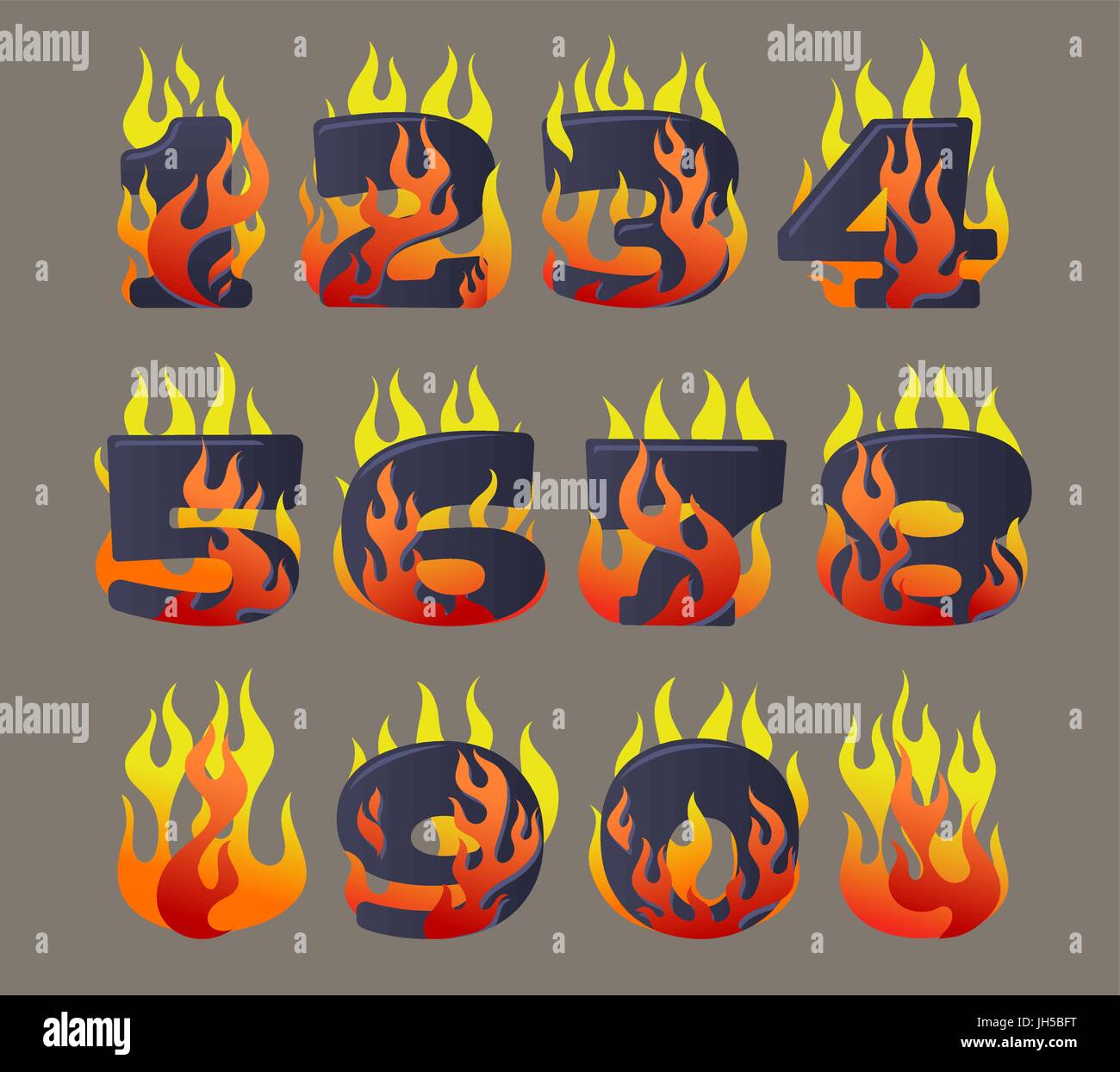 Vector cartoon icons set of Flaming Numbers Stock Vector