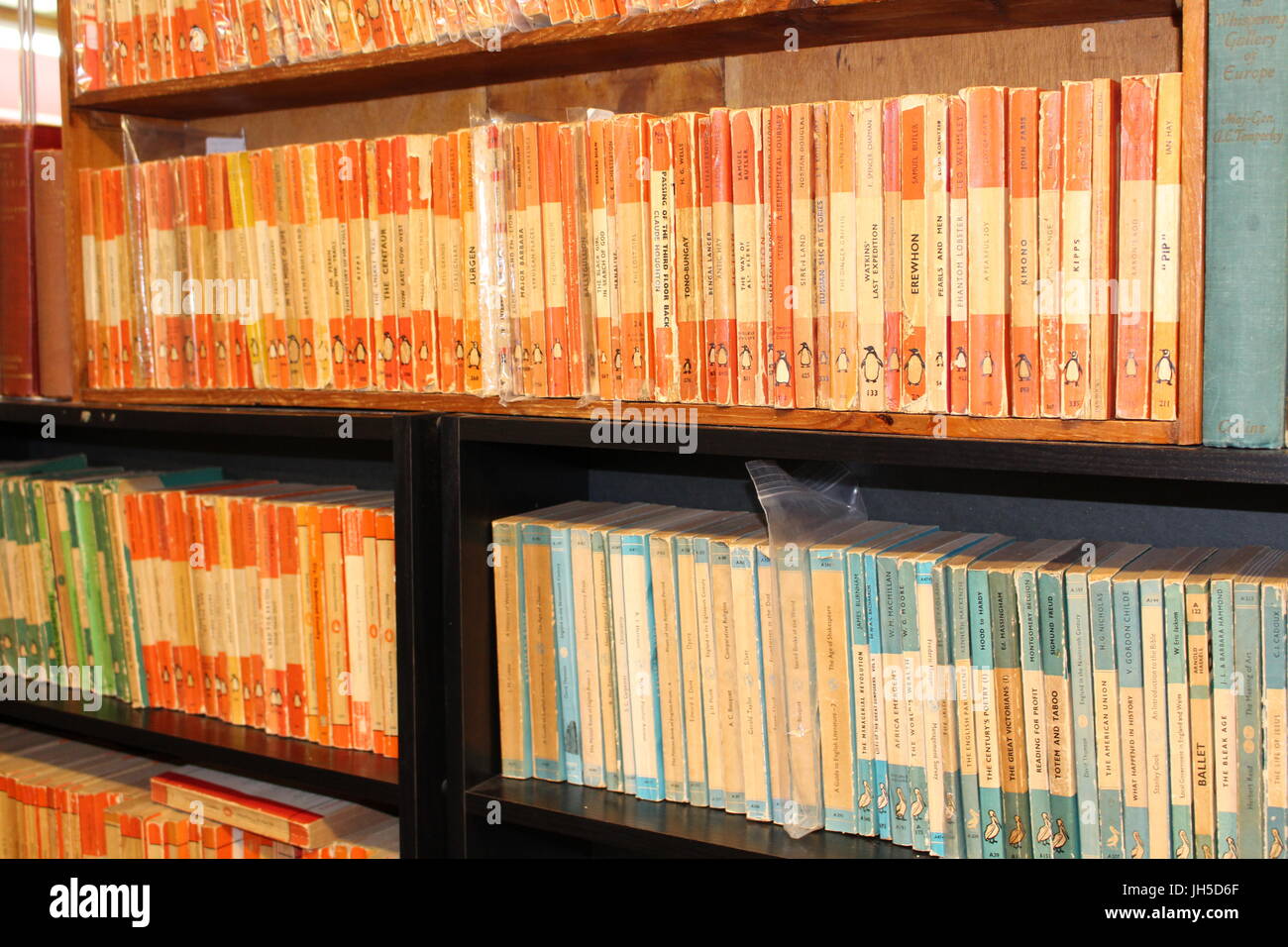 old penguin books on a shelf, penguin books, old penguin books, penguin book, old books, antique books, book collecting, classic books, good books, Stock Photo