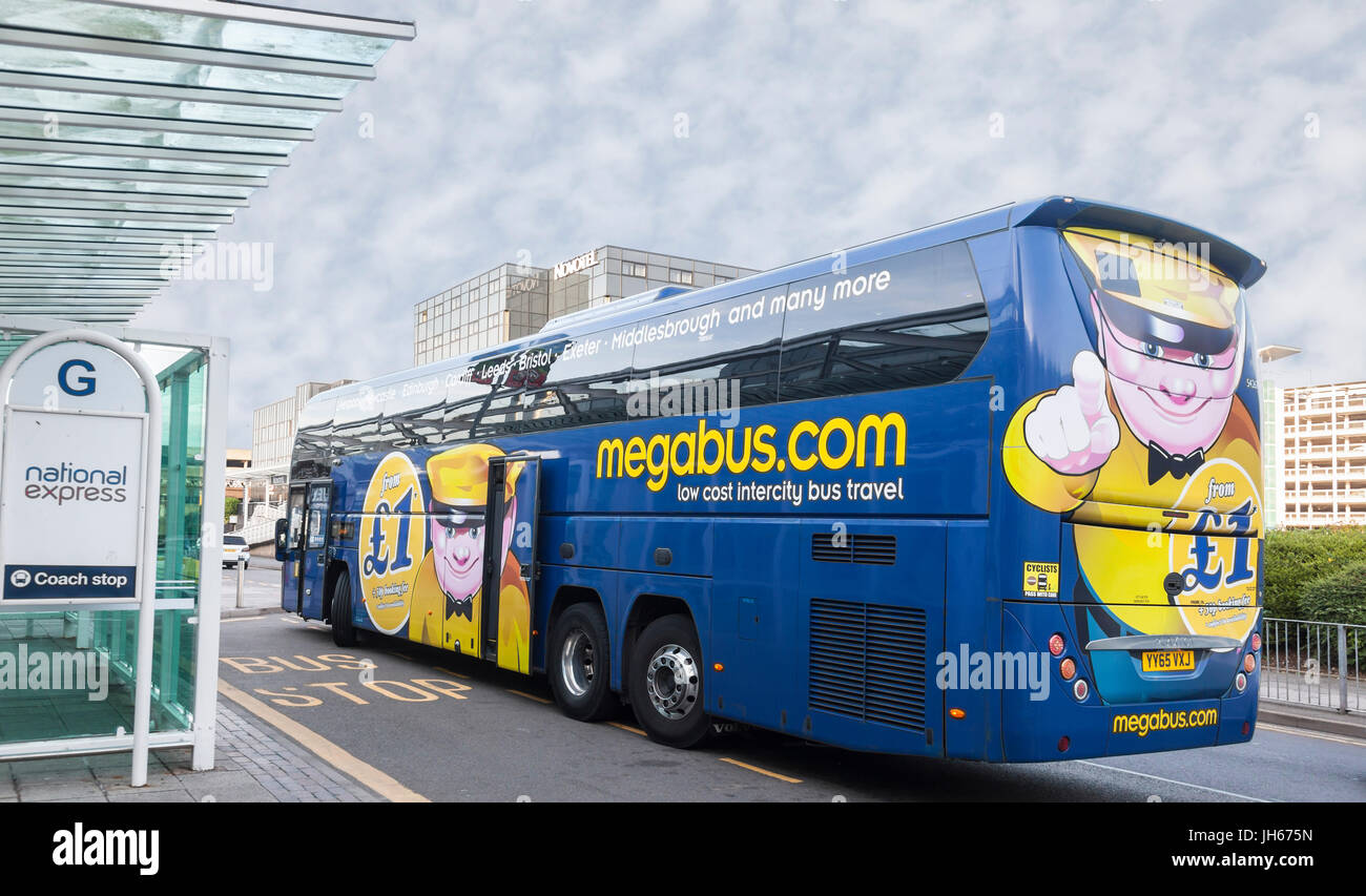 Rear of a single-decker Megabus, coach, featuring their mascot, Sid Stock  Photo - Alamy