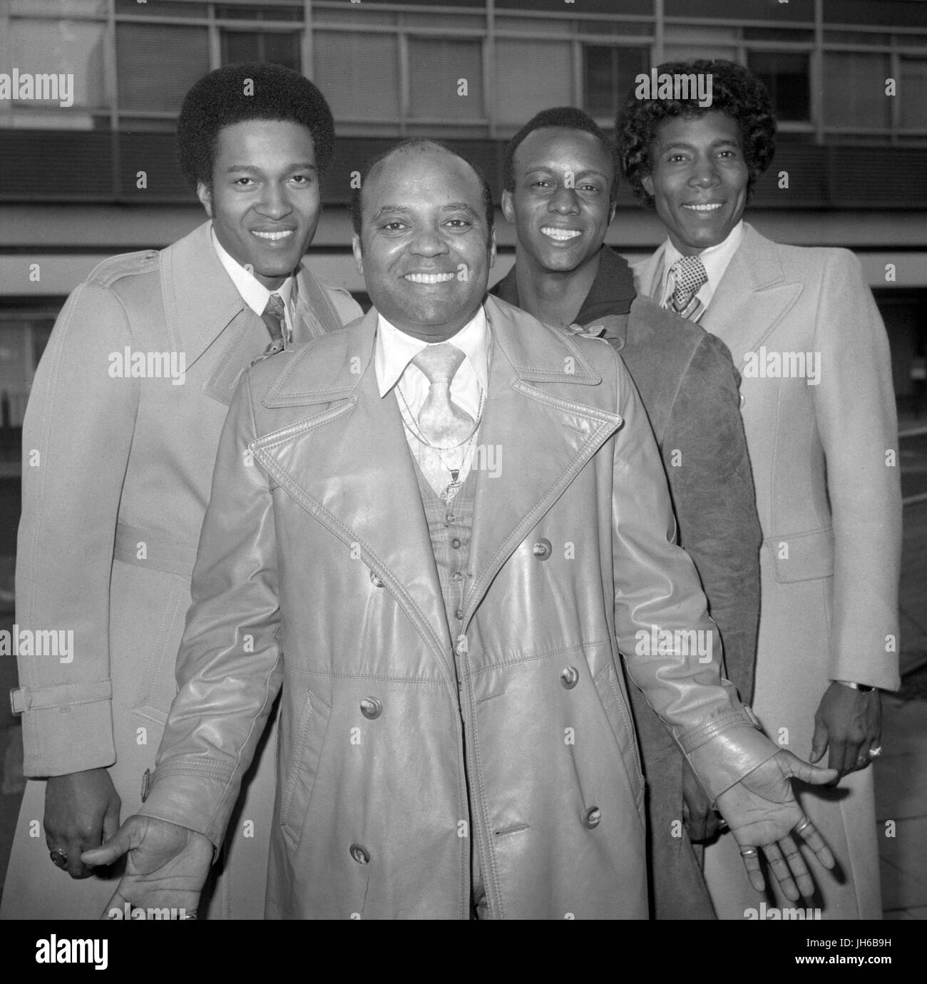 American vocal group, The Drifters (l-r), Joe Blunt, Johnny Moore, Clyde Brown and Billy Lewis, at Heathrow Airport in London after they arrived from New York for a two-week season at London's Talk of the Town opening tomorrow. Stock Photo