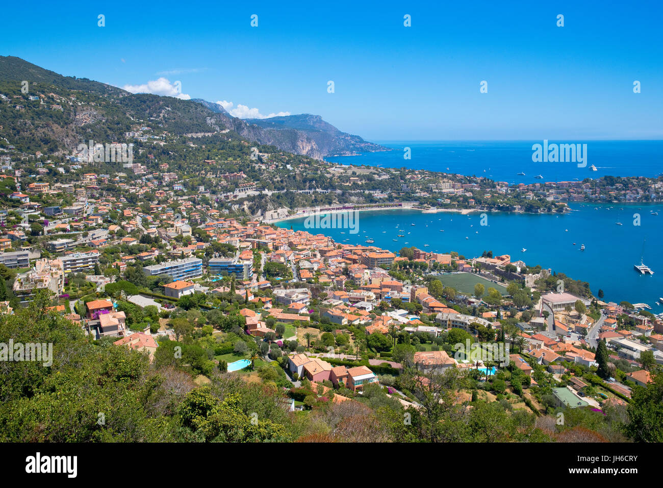 Panoramic view of Villefranche-sur-Mer and Saint-Jean-Cap-Ferrat near Nice, France Stock Photo