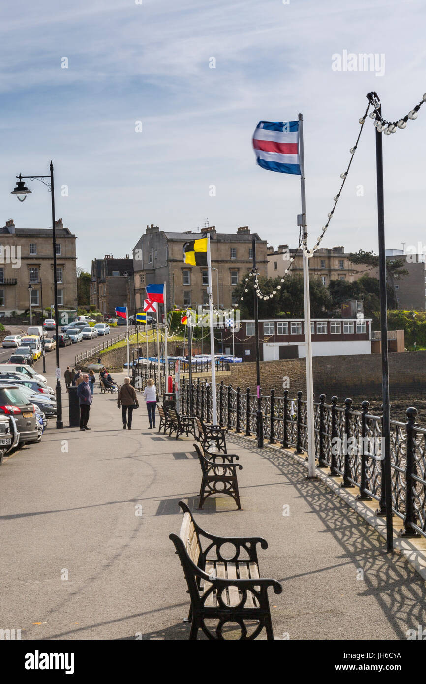 Colourful flags of different Europeans nations on the promenade at Clevedon on the Bristol Channel, North Somerset, England, UK Stock Photo