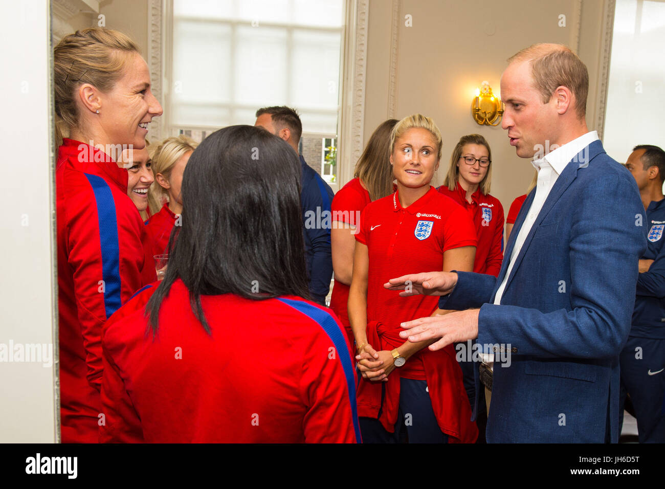 The Duke of Cambridge meets members of the England Women football team during a reception for the England Women football team at Kensington Palace in London. Stock Photo