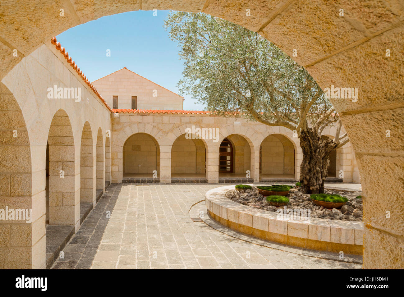 Courtyard of the Church of the Multiplication in Tabgha, Jesus' miracle of The Loaves and Fishes, Israel, Sea of Galilee, Israel. Stock Photo
