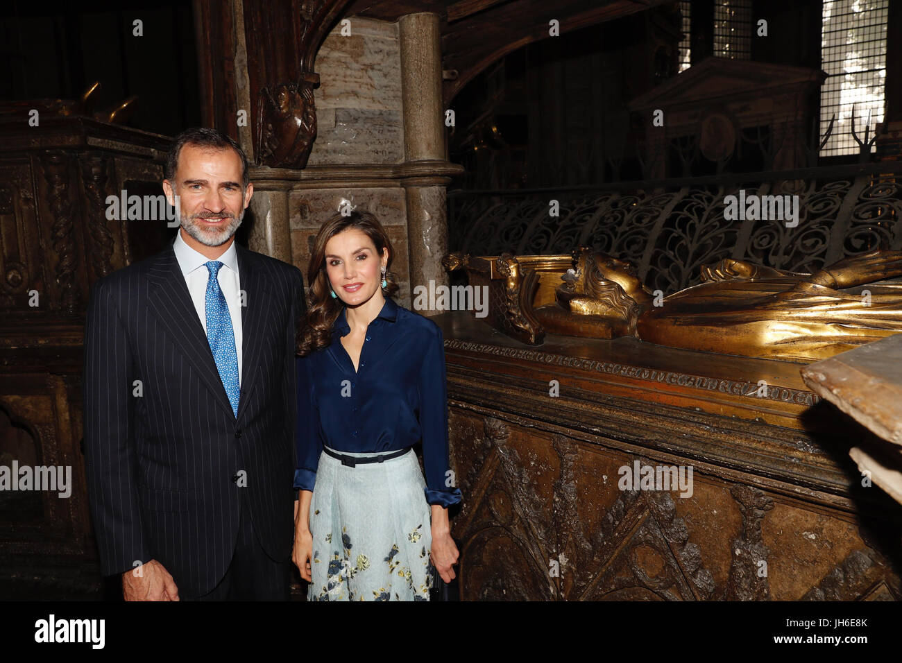 Casa de Su Majestad el Rey issued photo of King Felipe VI and Queen Letizia of Spain, at the tomb of Eleanor of Castile the wife of Edward I, King of England from 1272 to 1307 during their tour of Westminster Abbey in London, during the King's State Visit to the UK. Stock Photo