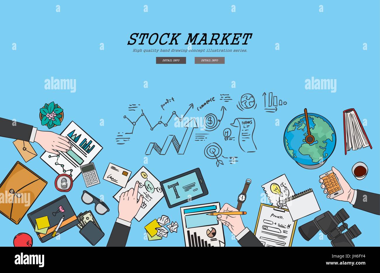 Drawing flat design illustration stock market concept. Concepts for web banners and promotional materials. Stock Vector