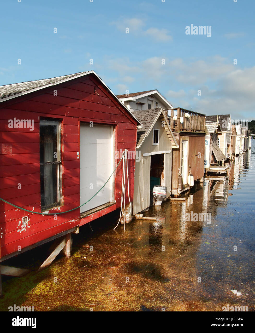 Canandaigua , New York, USA. July 11, 2017. Canandaigua's historic boathouses on the shore of Canandaigua Lake in the Finger Lakes region of upstate N Stock Photo