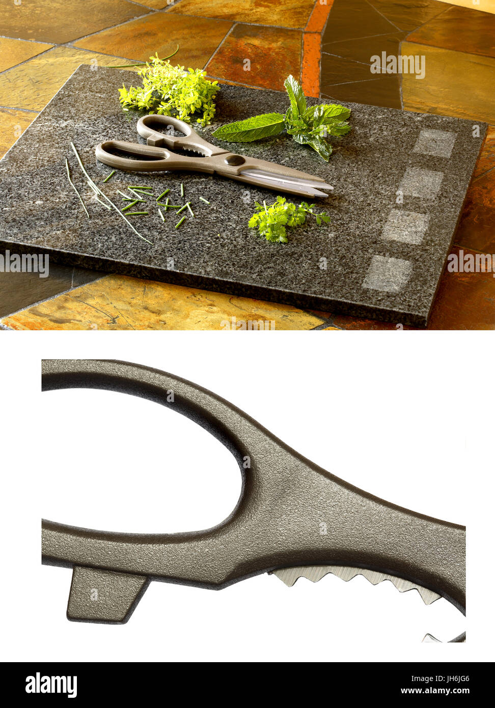 'Guess what it is' image of kitchen scissors with an explanation photo showing the scissors with herbs on a cutting board Stock Photo