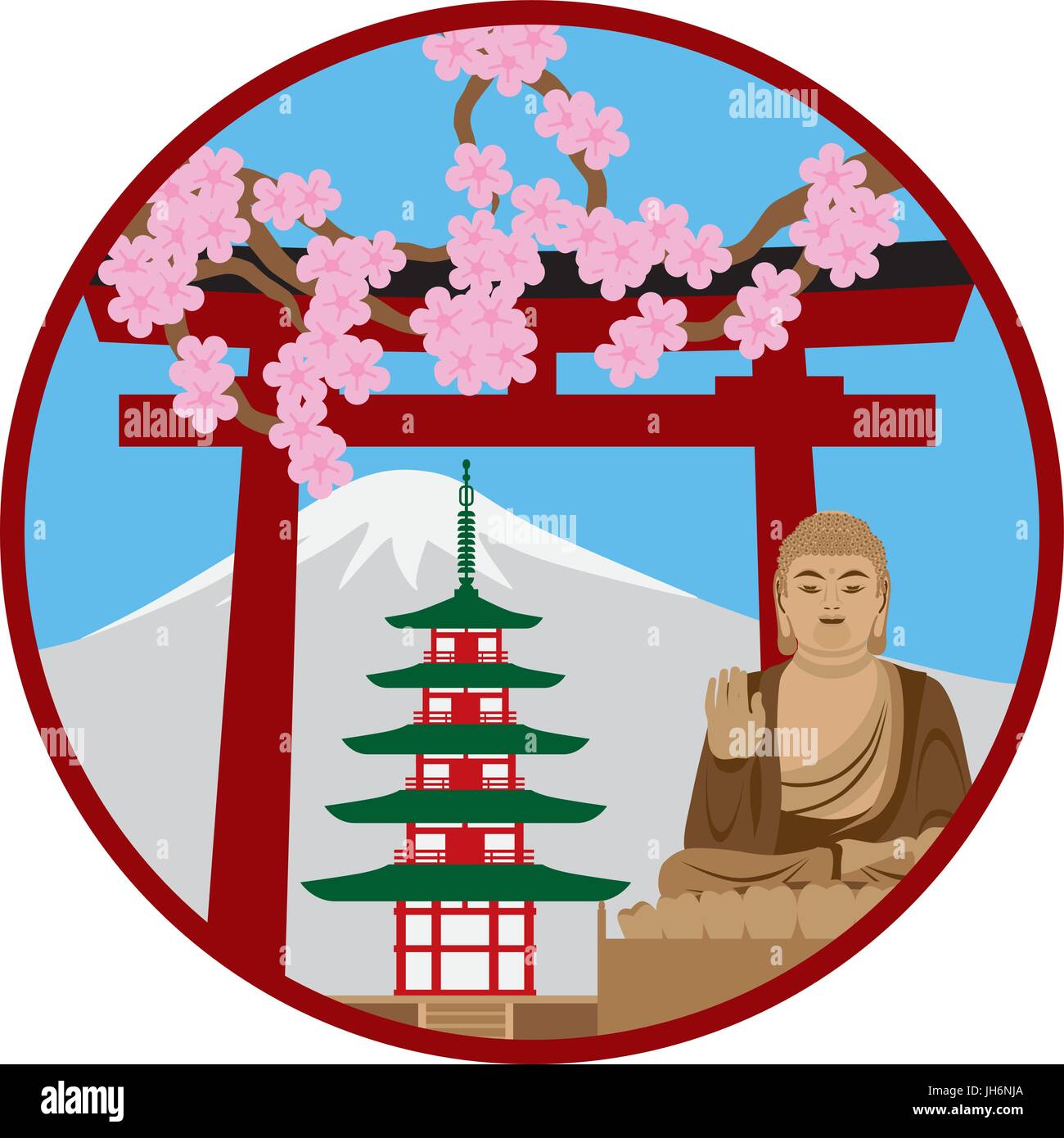 Japan Pagoda Torii Gate Zen Buddha Mt Fuji Collage in Circle Color Illustration Stock Vector