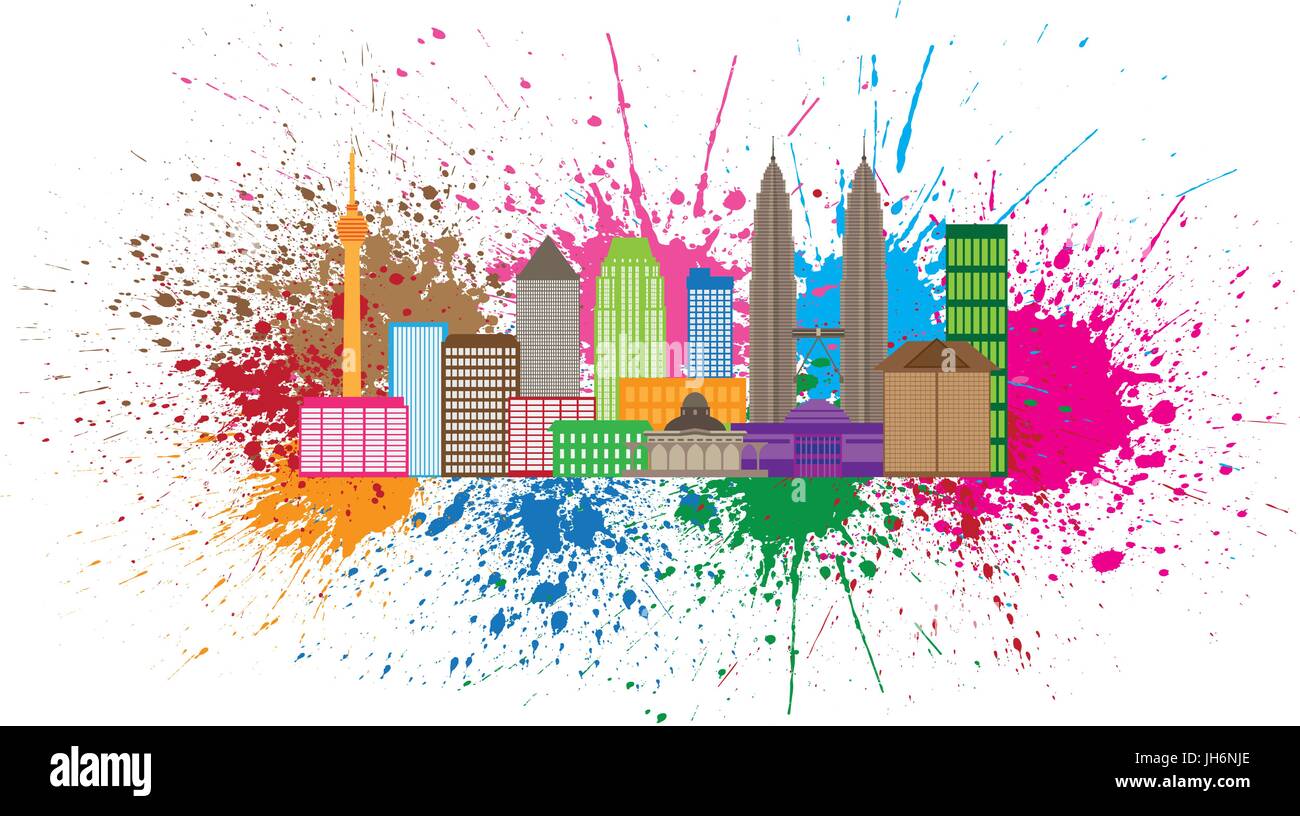 Kuala Lumpur Malaysia City Skyline Color Paint Splash Splatter Isolated on White Background Illustration Stock Vector