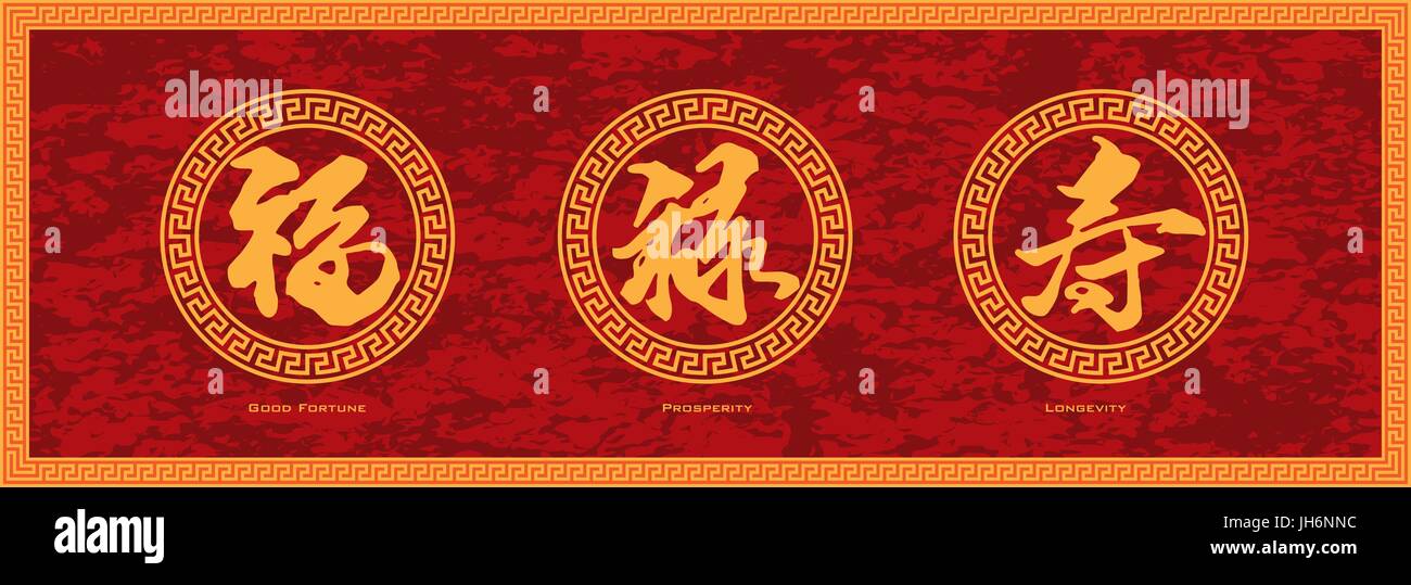 Chinese Symbol Calligraphy Ink Brush Strokes in Border Circle with Text of Good Fortune Prosperity and Longevity on Red Texture Background Stock Vector