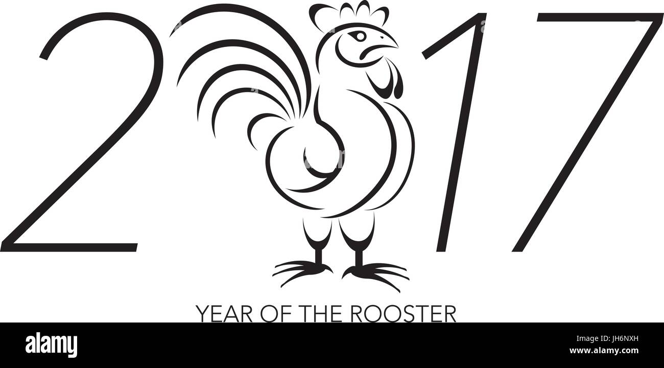 Chinese Lunar New Year of the Rooster Black and White Line Art with 2017 Numerals Illustration Stock Vector