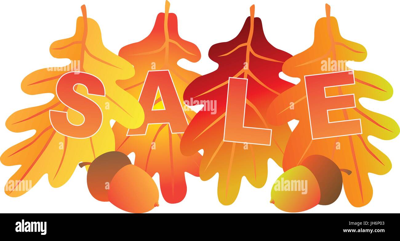 Sale Text on Fall Colors Oak Leaves for Store Sign Illustration Stock Vector