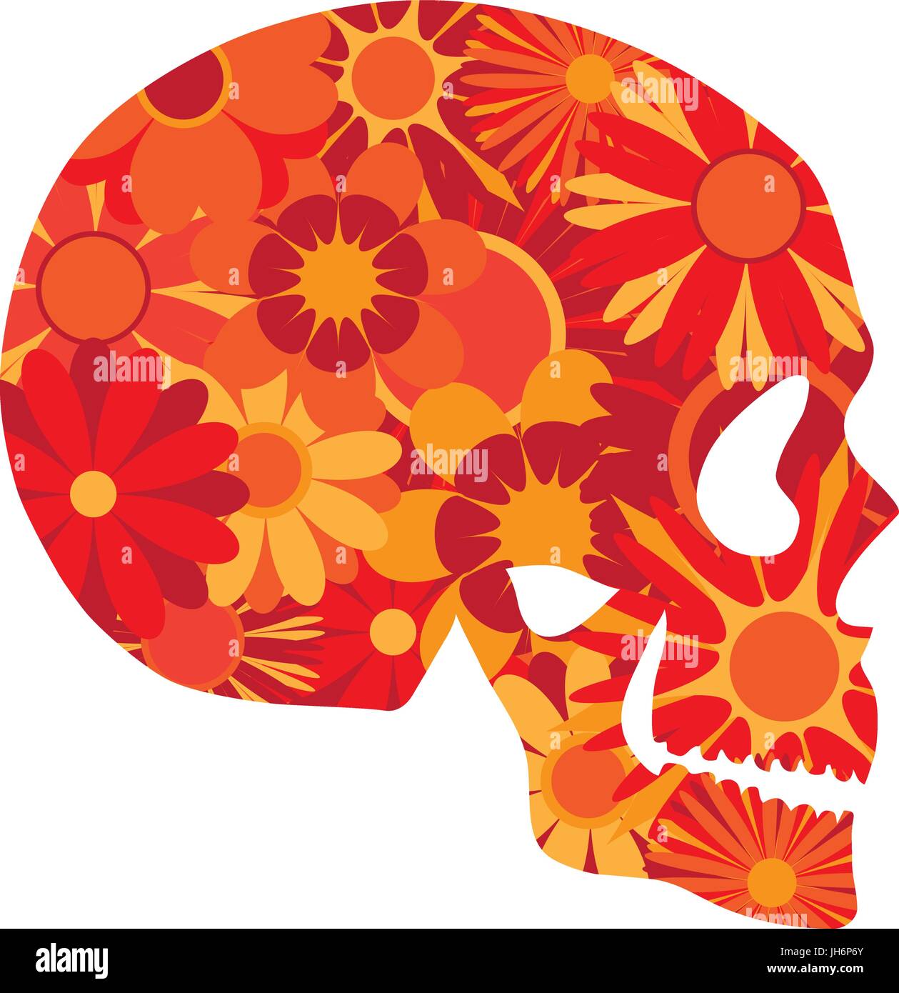 Mexican Skull Art for Halloween and Dia de Los Muertos Side Portrait Floral Pattern Isolated on White Background Color Illustration Stock Vector