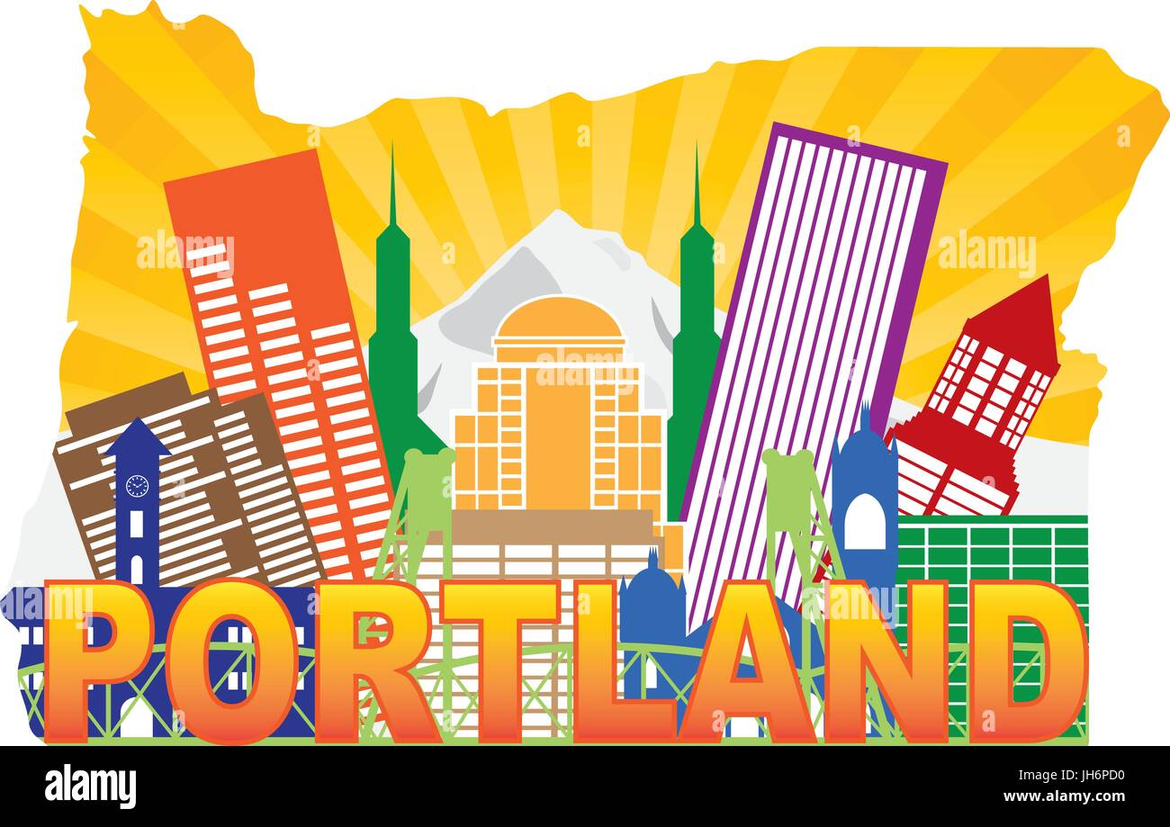 Portland Oregon City Skyline with Mount Hood Hawthorne Bridge in Map Outline Color Illustration Stock Vector