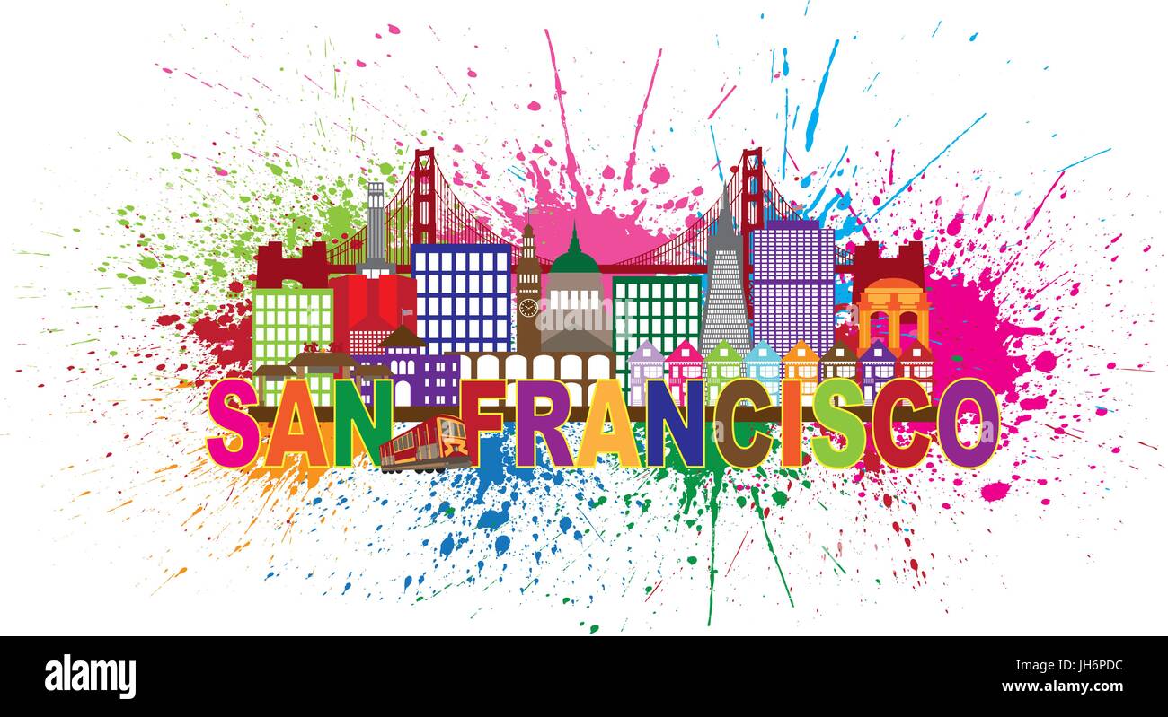 San Francisco California City Skyline with Golden Gate Bridge Color Text with Abstract Paint Splatter Illustration Stock Vector