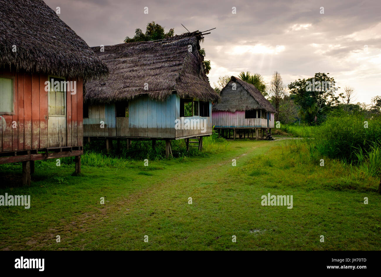 LORETO, PERU - CIRCA OCTOBER 2015:  Typical houses around the Yarapa river. Village of Puerto Miguel in the Peruvian Amazon. Stock Photo