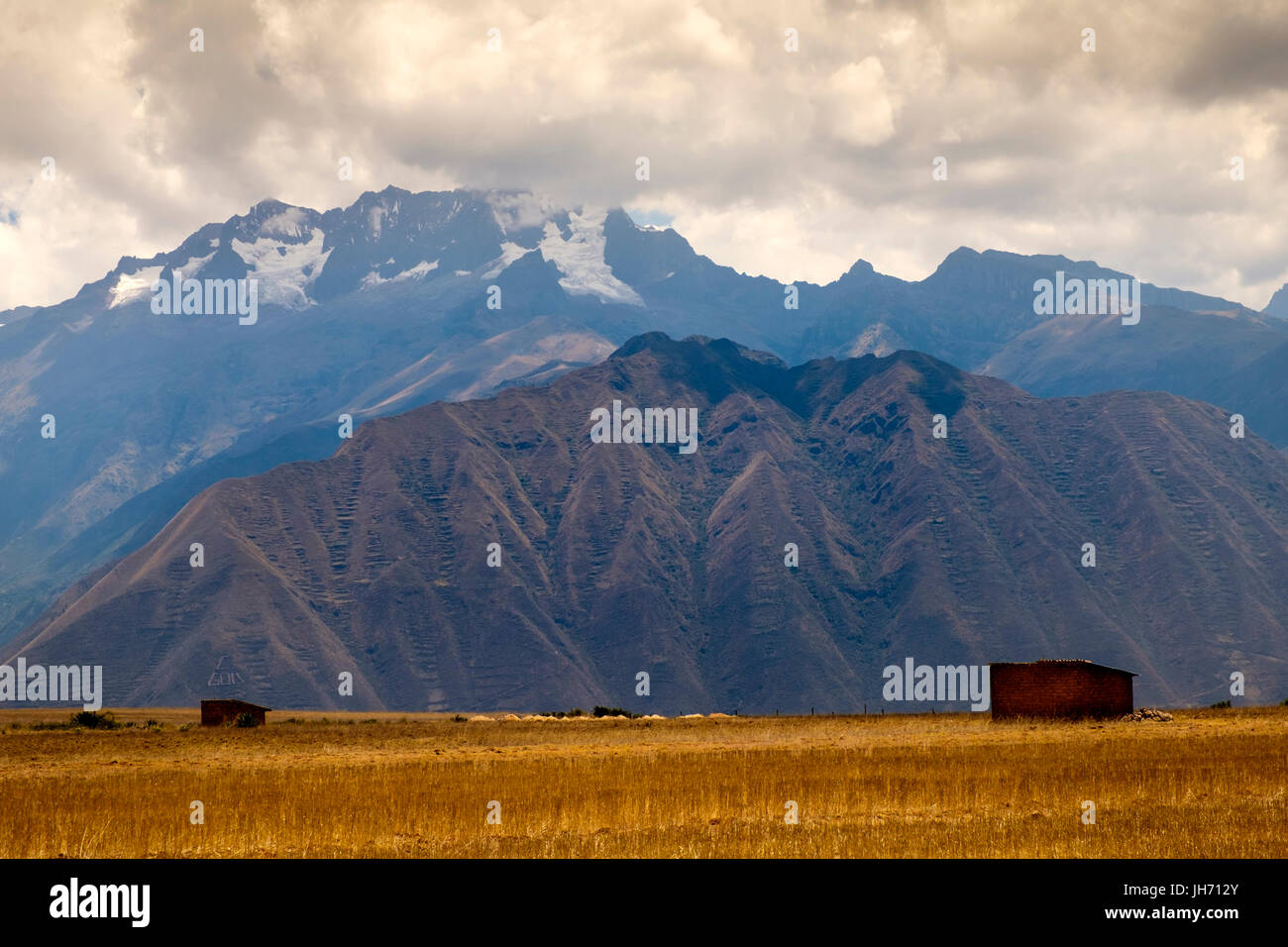 URUBAMBA PROVINCE, CUSCO,  PERU - CIRCA OCTOBER 2015:  Valley landscape in Urubamba in the Cusco region known as Sacred Valley in Peru. Stock Photo