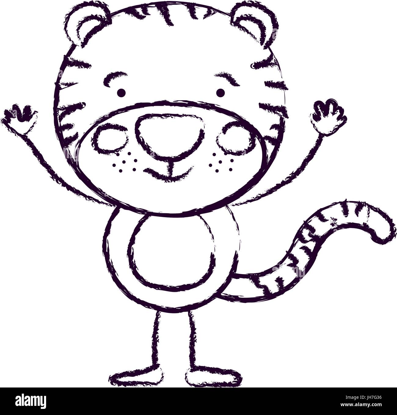 blurred silhouette caricature of cute tigger happiness expression with hands up Stock Vector