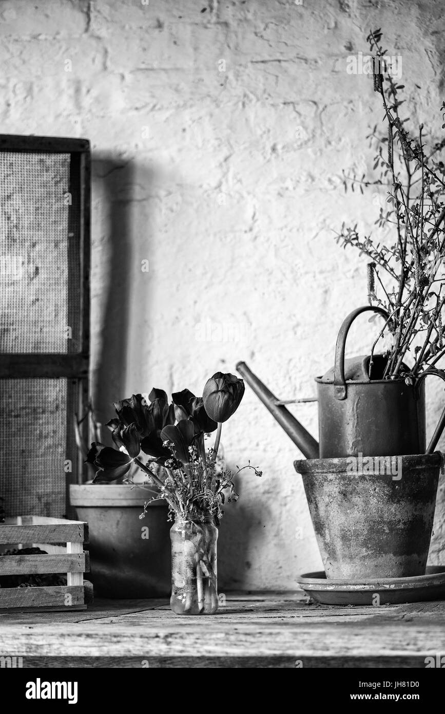 Beautiful vintage English countryside garden potting shed interior detail Stock Photo