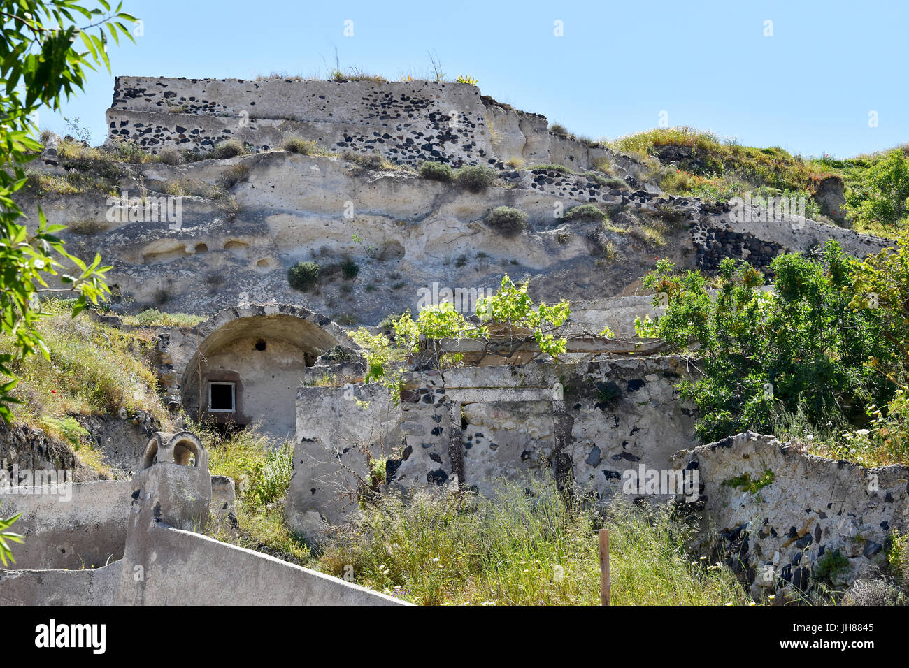 The earthquake ruined village of Messa Gonia, Santorini Greece Stock