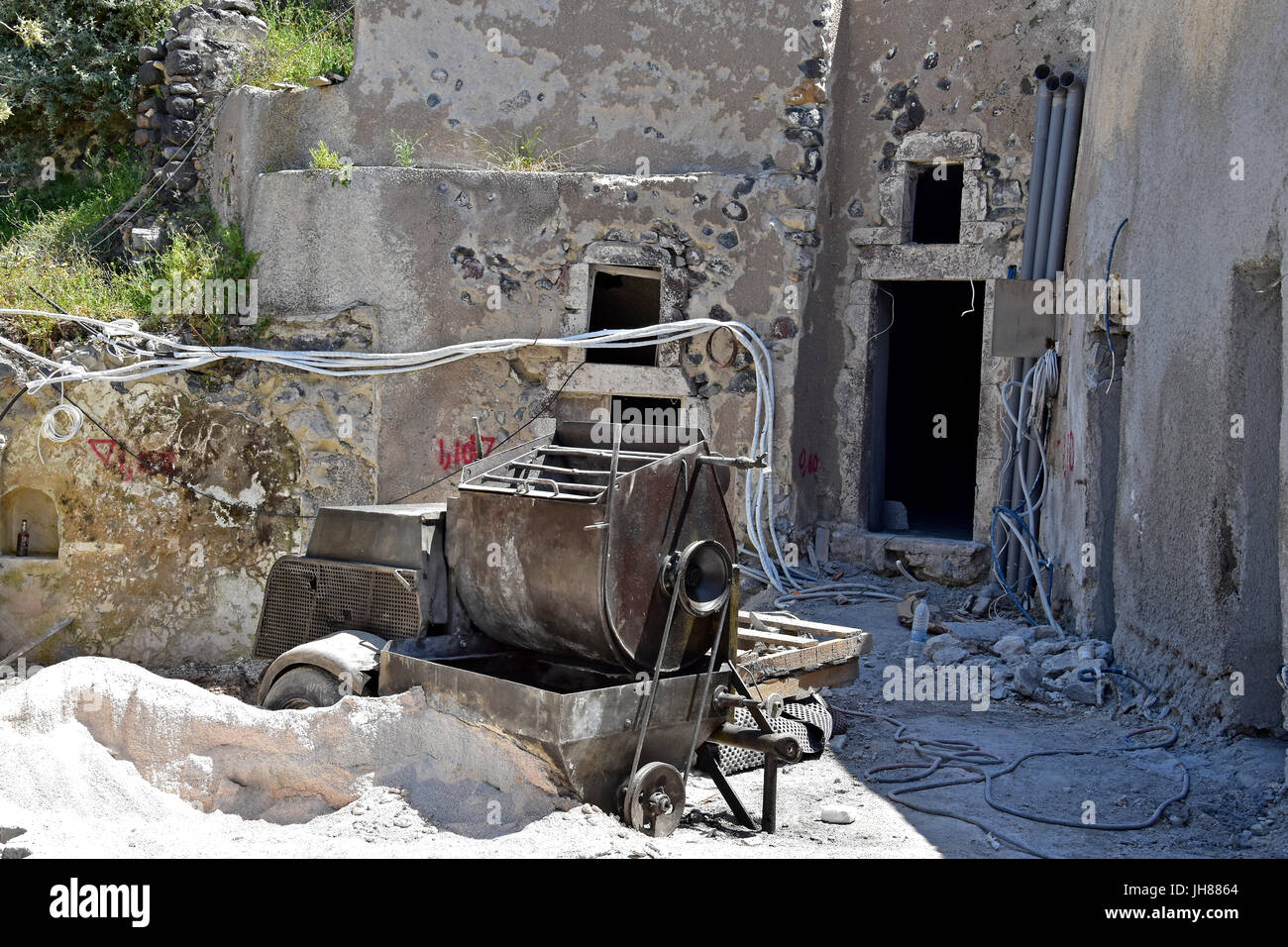 The earthquake ruined village of Messa Gonia, Santorini Greece Stock