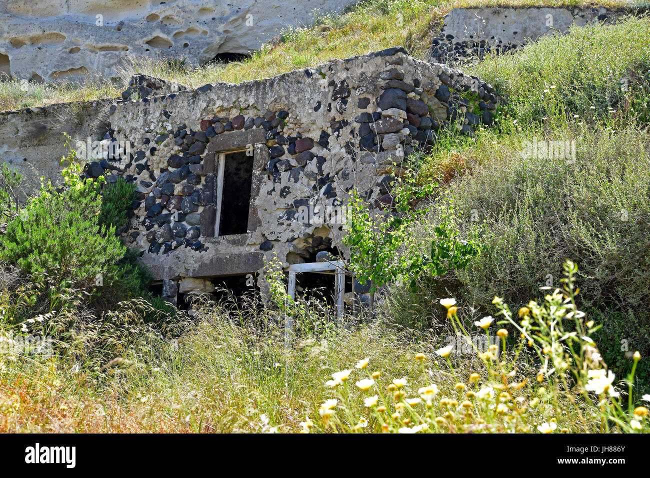 The earthquake ruined village of Messa Gonia, Santorini Greece Stock