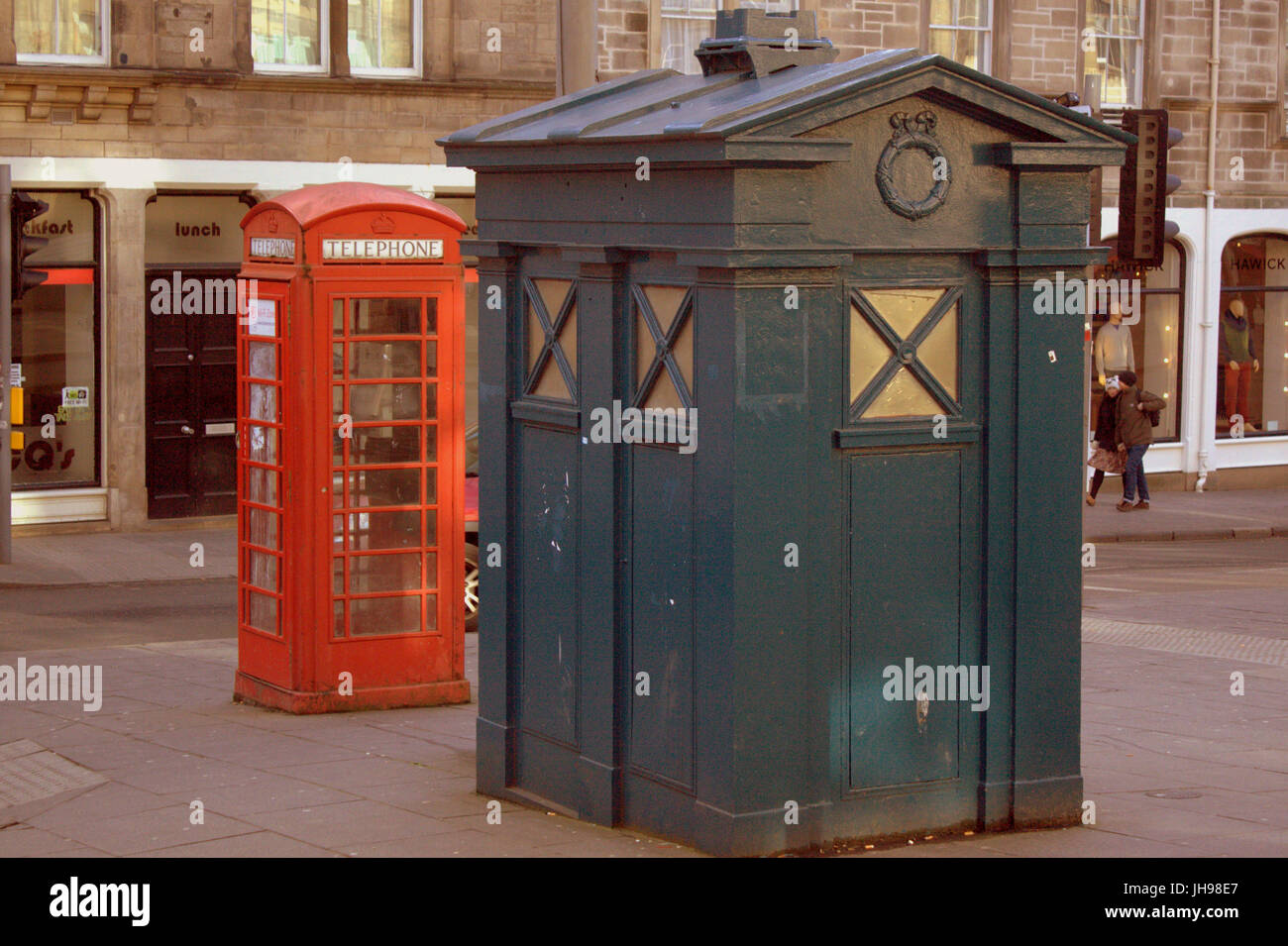 Edinburgh police box telephone Tardis  not converted  with British red telephone box behind like batman and robin grassmarket Stock Photo