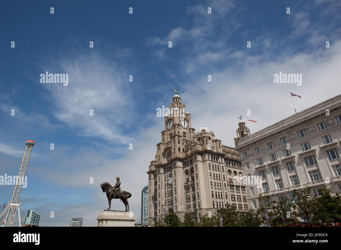 The King Edward VII statue in front of the Royal Liver Building Stock Photo