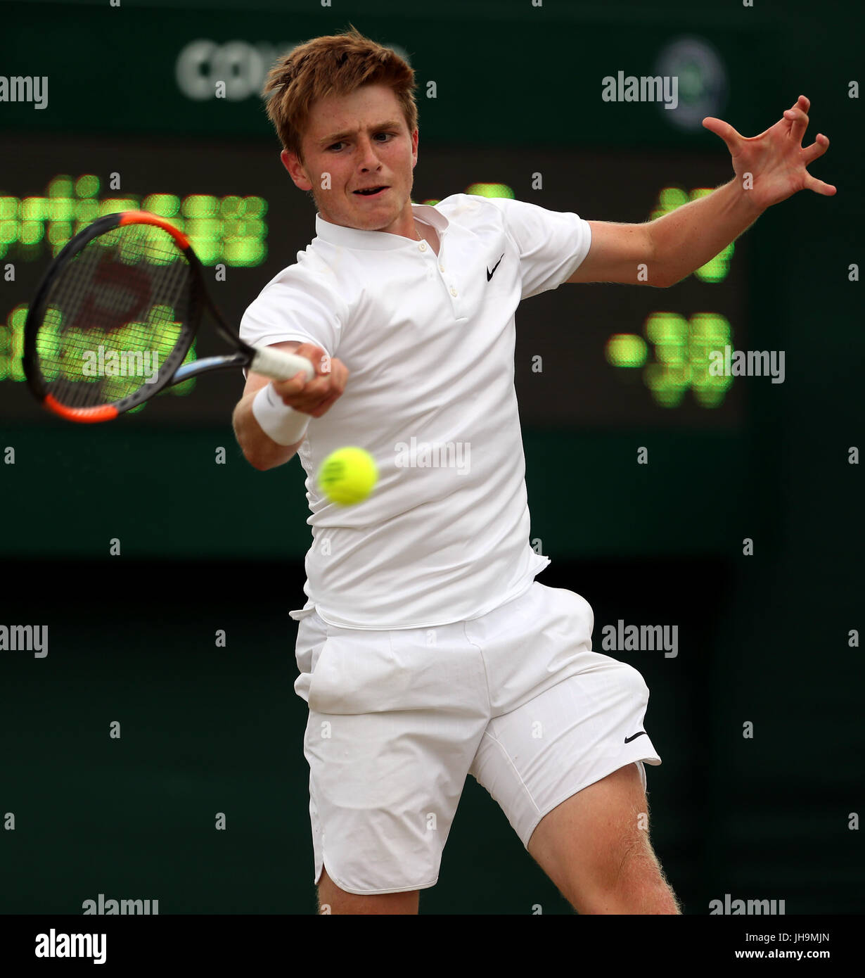 Aidan McHugh in action in the Boys singles on day ten of the Wimbledon ...