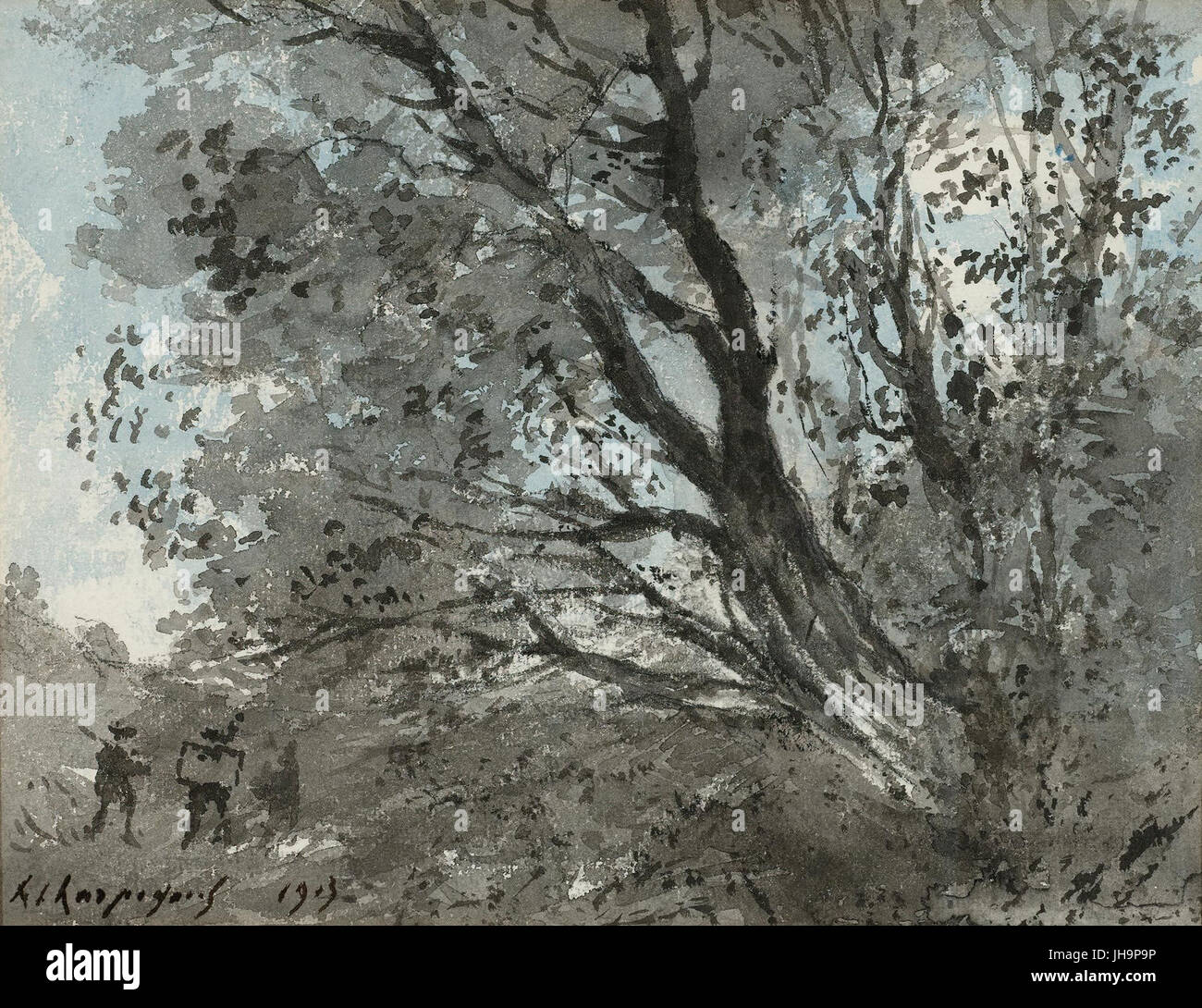 Aquarelle Originale Signée Claire Dalby - Étude Des Arbres - 1967 - Paysage Moderne