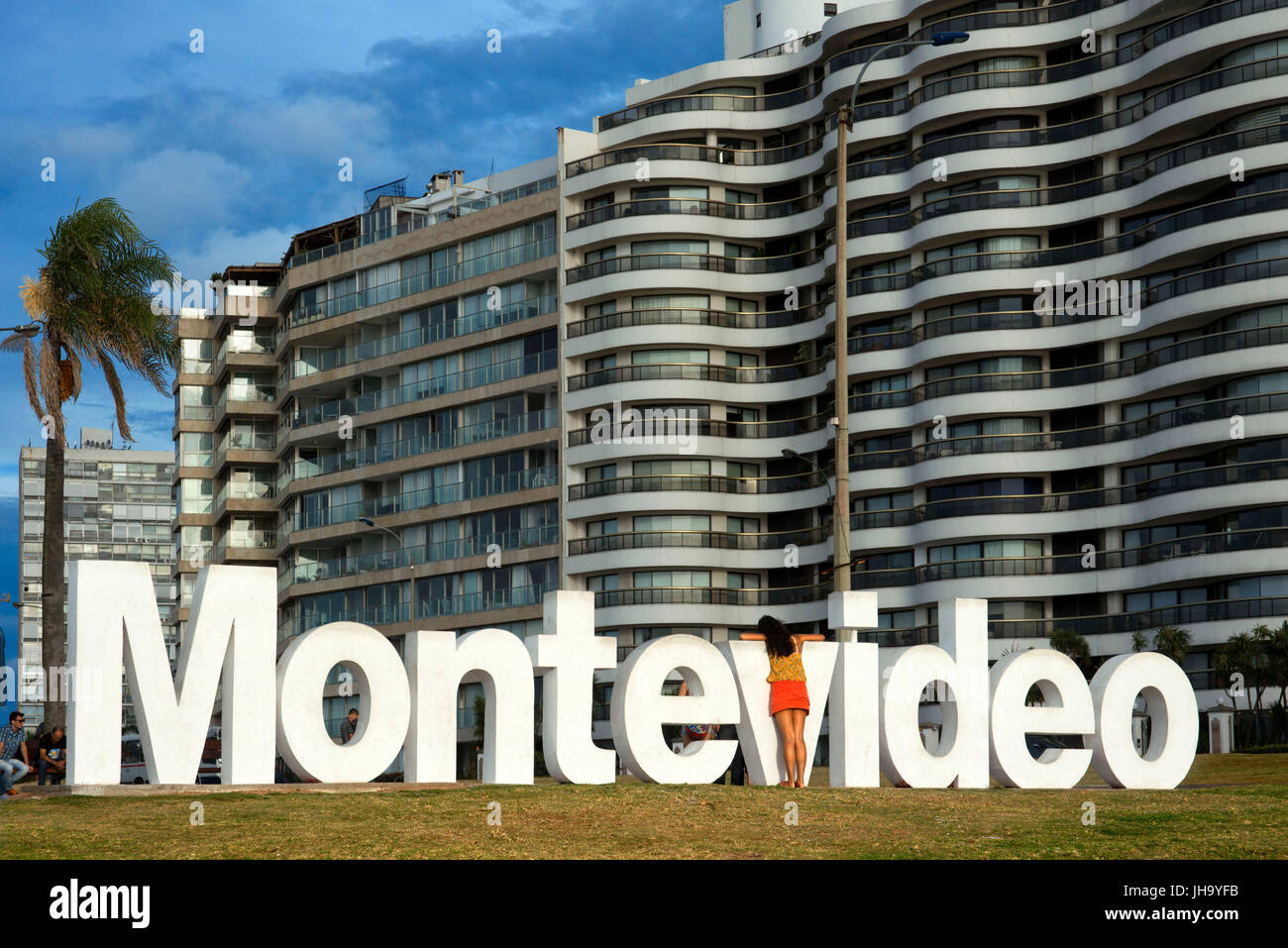 Montevideo written in giant letters at the eastern city access, Montevideo, Uruguay Stock Photo