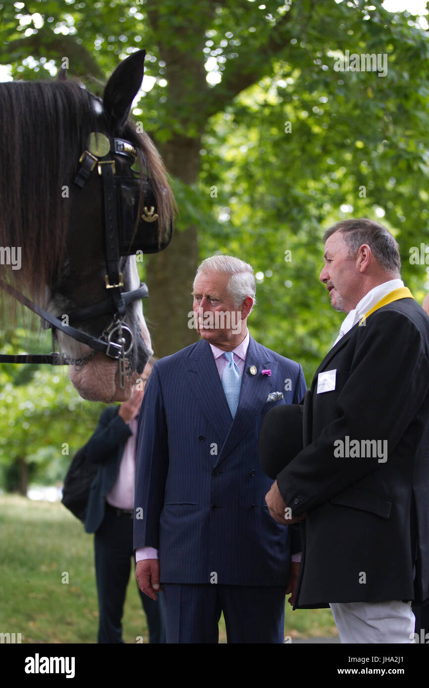 London, UK. 13th July, 2017. One of the UK’s largest conservation charities to be launched in recent years was unveiled today by its new patron, His Royal Highness The Prince of Wales.  Pictured here His Royal Highness with Shire Horses within the park, part of the conservation of the heritage and community. During a visit to London’s Hyde Park, the Prince formally launched The Royal Parks charity, which supports and manages 5,000 acres of Royal Parks stretching from Greenwich Park in the east to Bushy Park in the west. ound R Credit: Jeff Gilbert/Alamy Live News Stock Photo