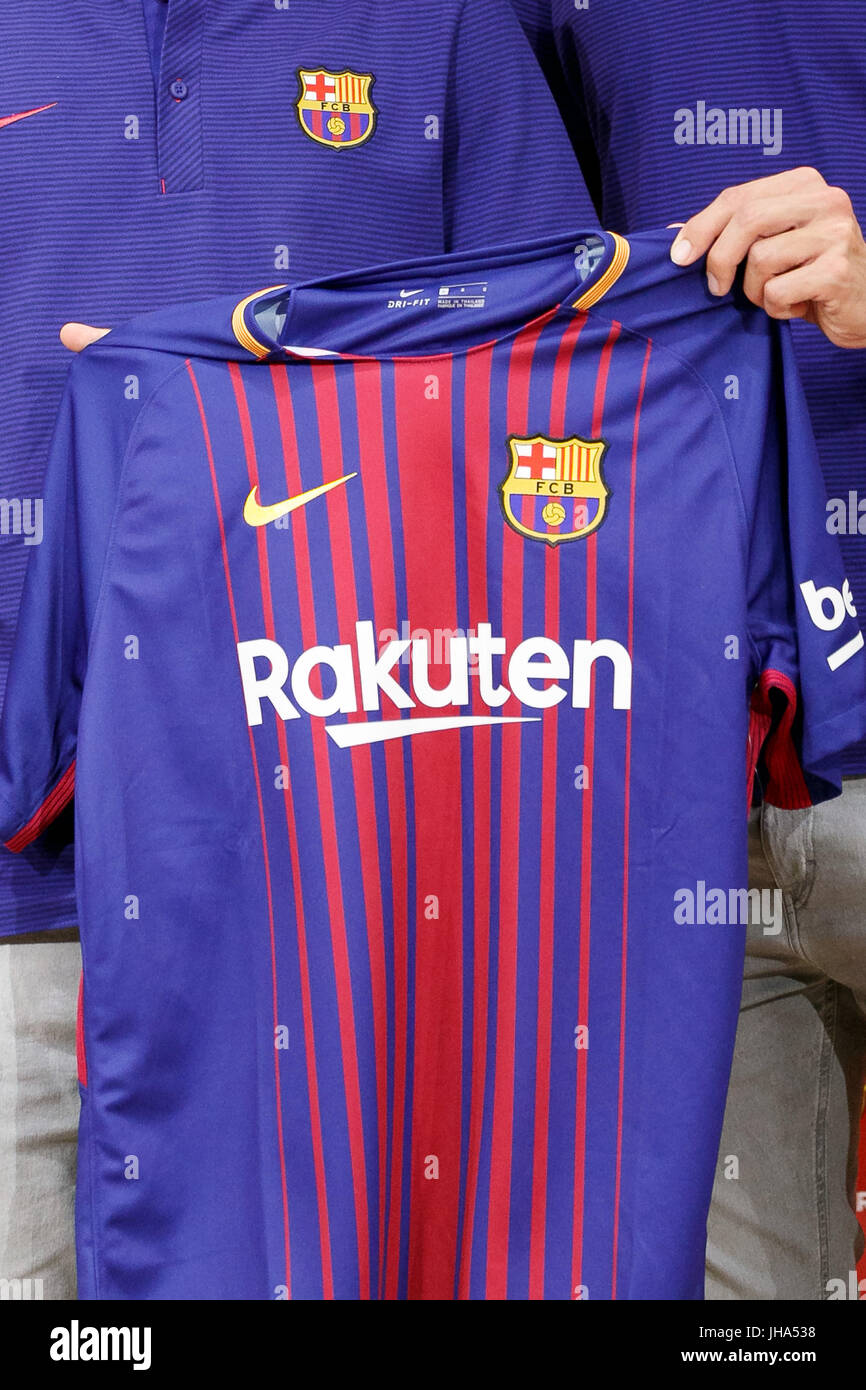 FC Barcelona players show off the club's new 2017-18 season uniform during a press event at Rakuten Crimson House headquarters in Setagaya on July 13, 2017, Tokyo, Japan. The Barcelona stars visited the Tokyo headquarters of Rakuten, FC Barcelona's new Main Global Partner. The Japanese e-commerce firm Rakuten is the new sponsor of the Spanish soccer club, replacing Qatar Airways, for the next four seasons. Credit: Rodrigo Reyes Marin/AFLO/Alamy Live News Stock Photo