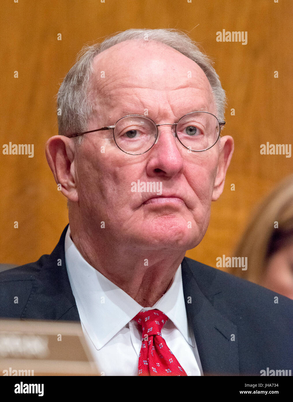 United States Senator Lamar Alexander (Republican of Tennessee) Chairman, US Senate Committee on Health, Education, Labor, and Pensions, listens as Patrick Pizzella testifies on his nomination as Deputy US Secretary of Labor; and Marvin Kaplan and William Emanuel testify on their nominations as Members of the National Labor Relations Board before the committee on Capitol Hill in Washington, DC on Thursday, July 13, 2007 Credit: Ron Sachs/CNP /MediaPunch Stock Photo