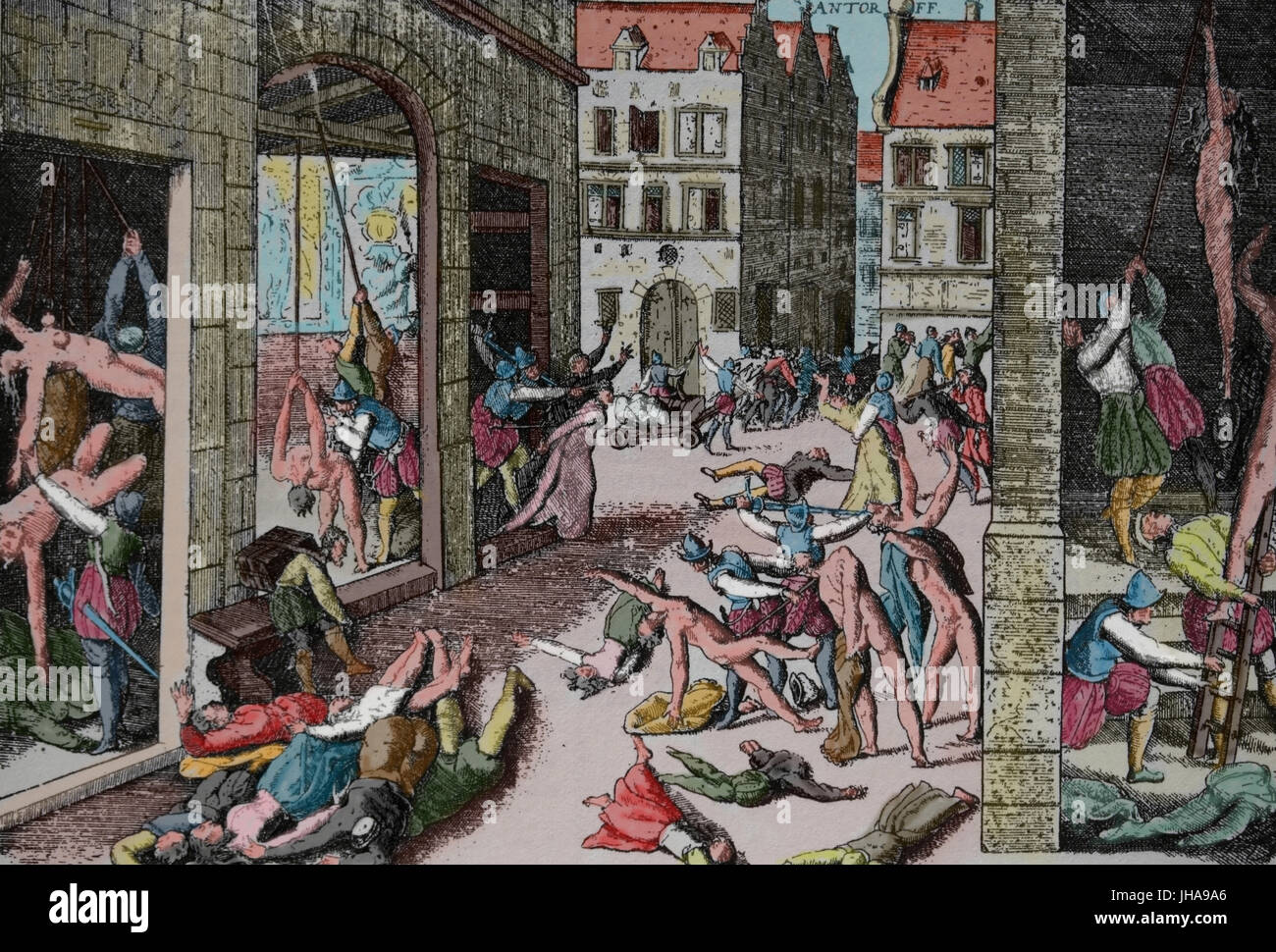 Torture of the inhabitans of Antwerp of Spanish army of Duke de Alba. Eighty Years' War, 1576. Engraving, color. 16th century. Stock Photo