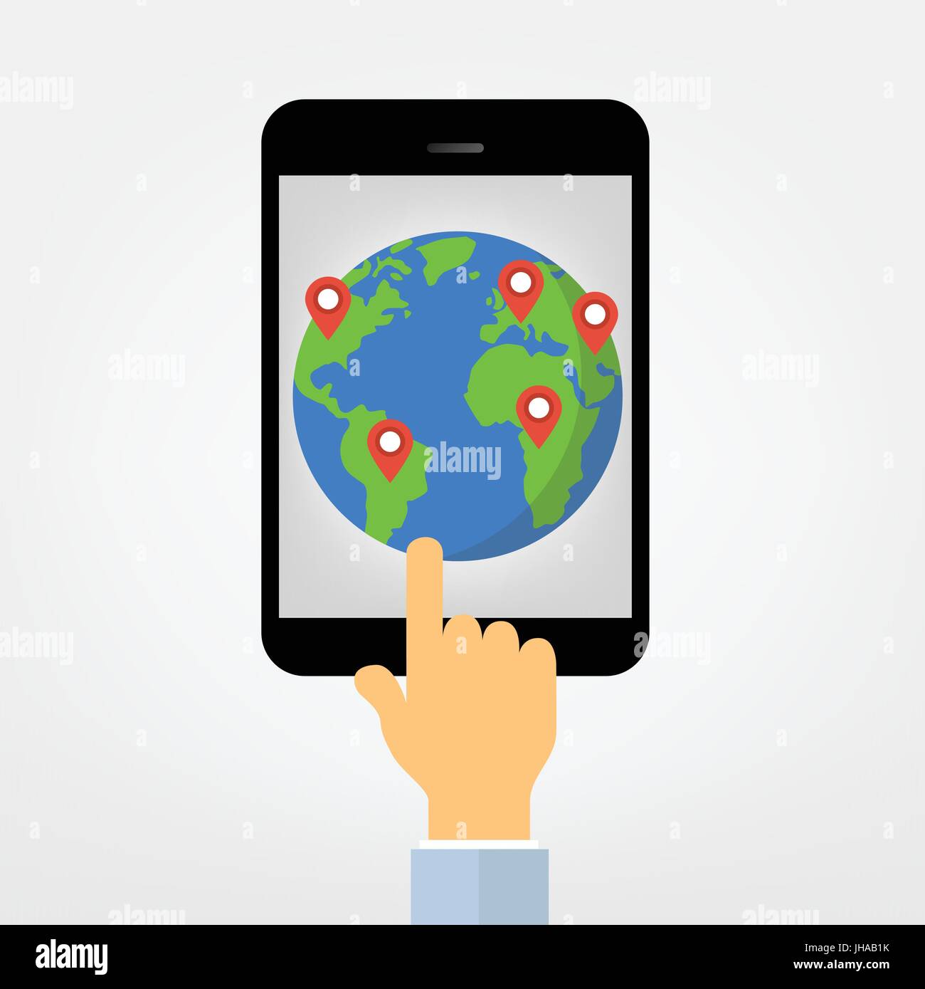 hand pointing on tablet  display  with world map - gps navigation sytem illustration Stock Photo