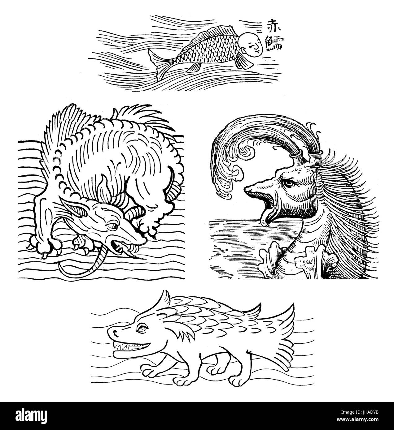Mythical sea monters, medieval engraving Stock Photo