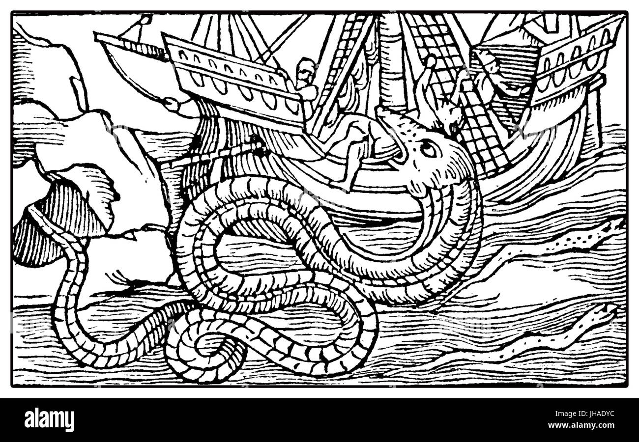 Fantastic marine monster like a sea snake eating sailor from a medieval caravel, XVI century engraving Stock Photo