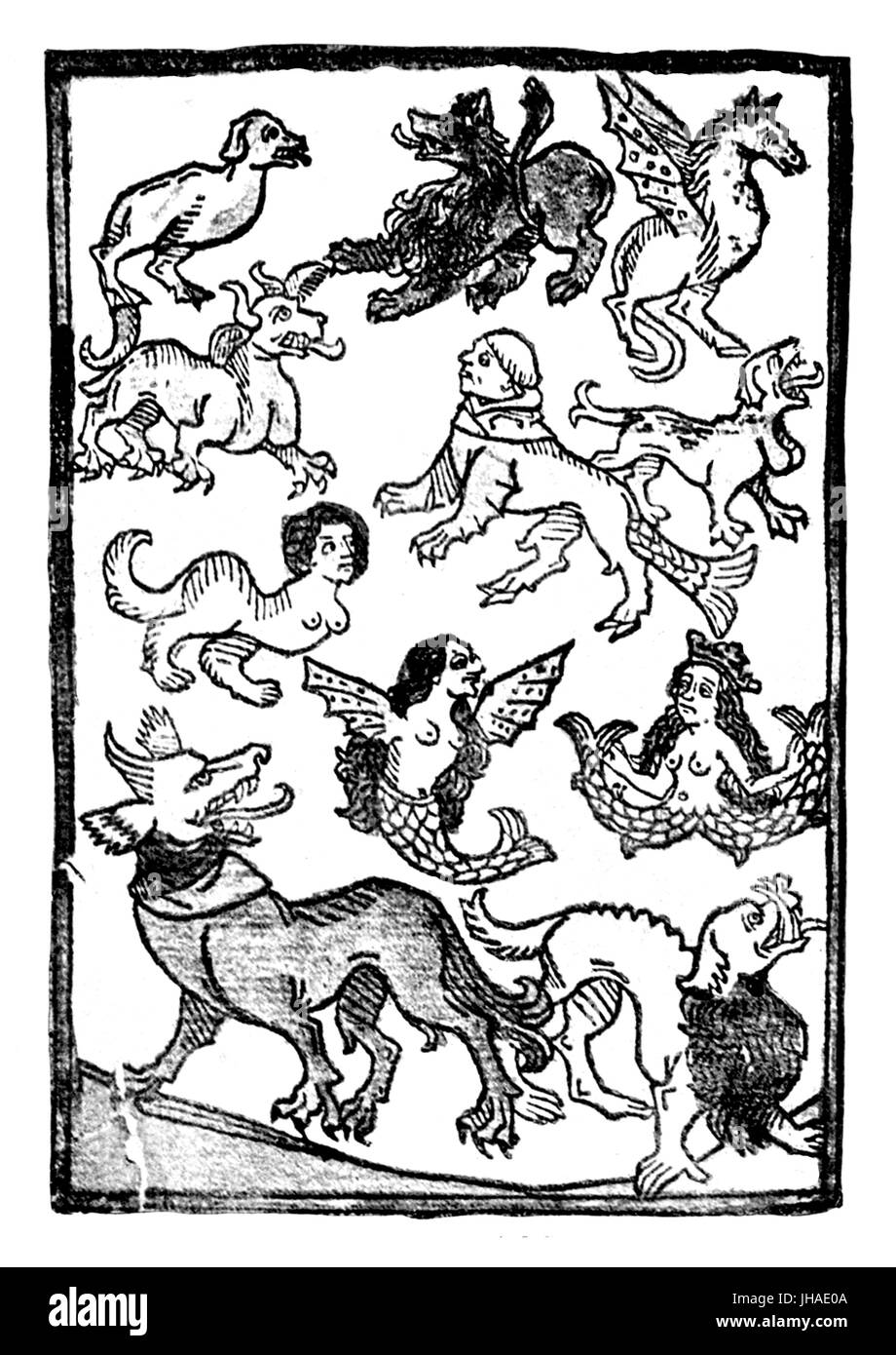 Fantastic human-like sea creature, mermaids and marine monster, medieval engraving, year 1475 Stock Photo