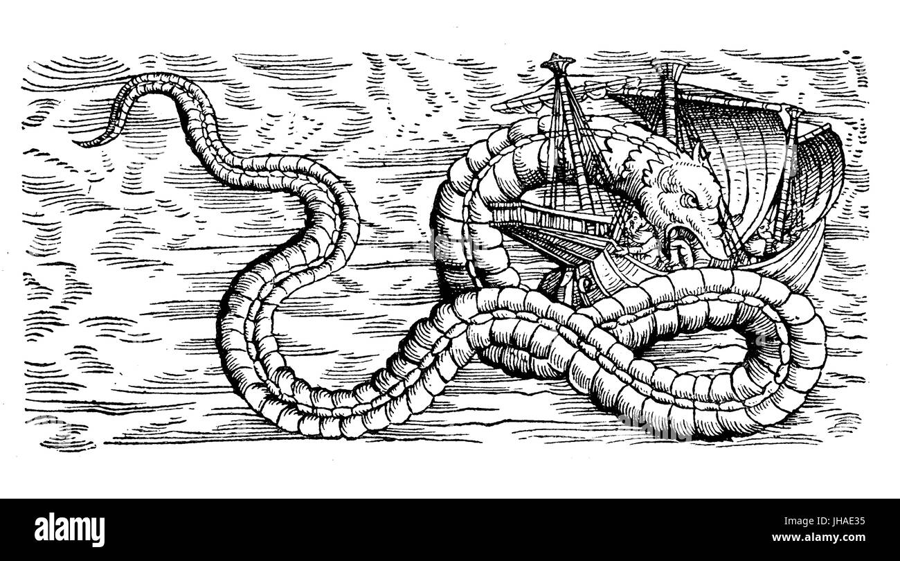 Fantastic marine monster, a sea snake, eating sailor from a medieval caravel, XVI century engraving Stock Photo