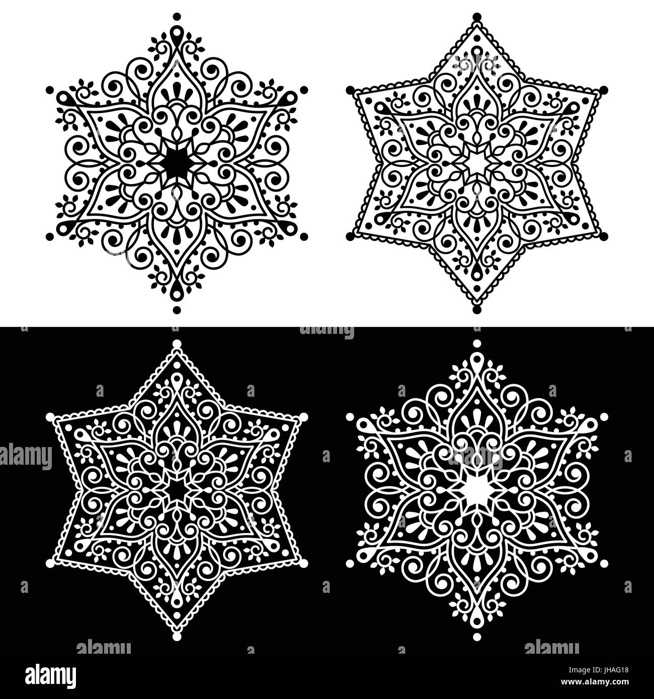 Christmas snowflake design with - embroidery, lace style    Retro snowflake deceoration with swirls in black and white isolated Stock Vector