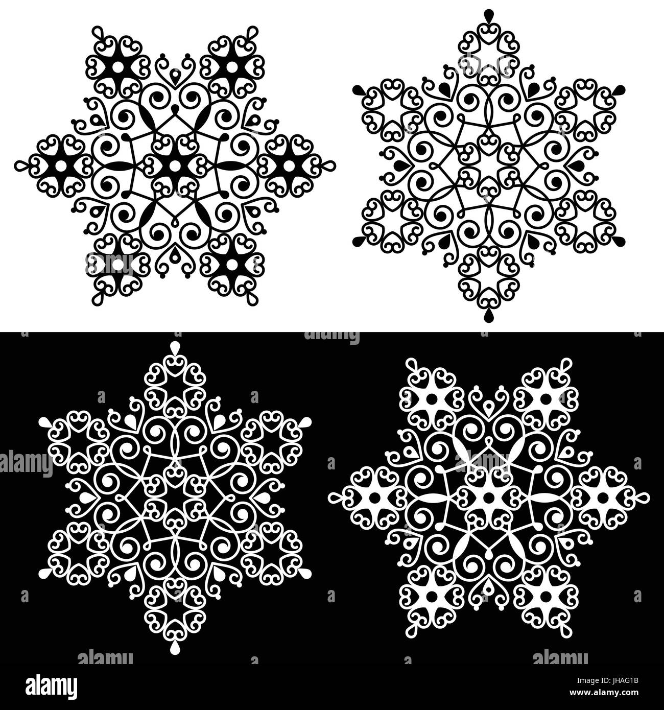 Christmas snowflake design with - embroidery, lace style    Retro snowflake deceoration with swirls in black and white isolated Stock Vector