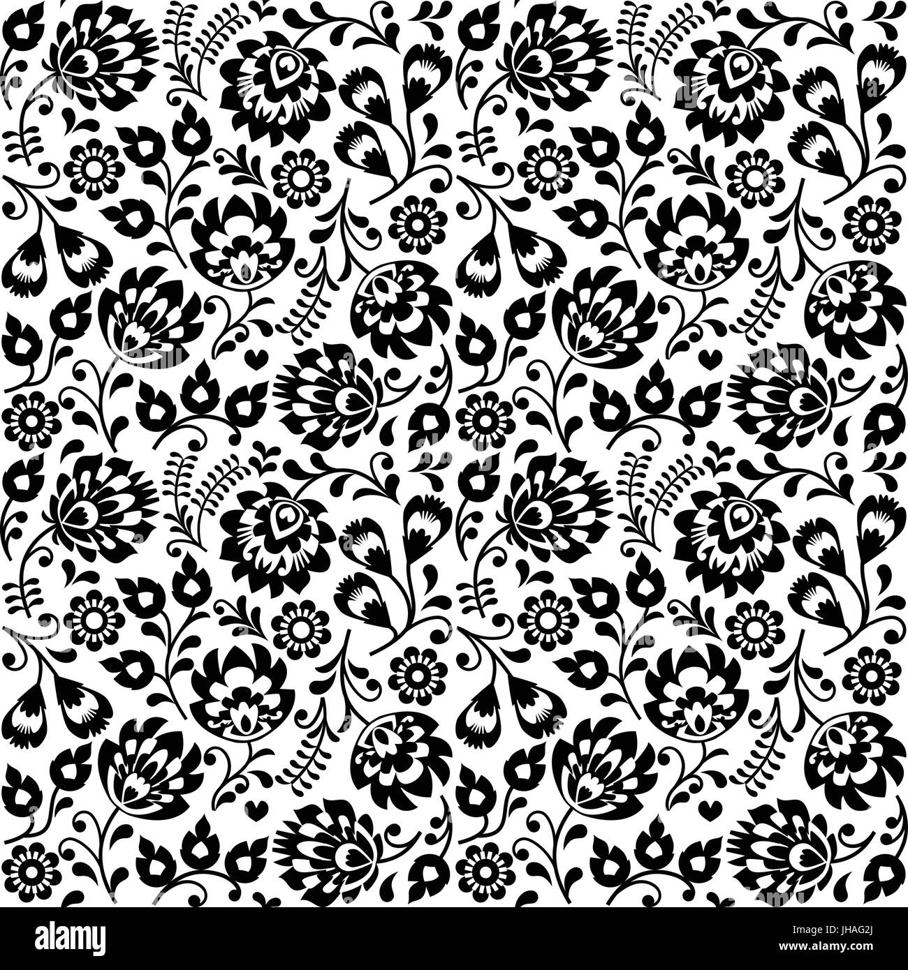 Seamless Polish folk art black floral pattern - wzory lowickie, wycinanki    Repetitive background with flowers - Slavic folk art pattern Stock Vector