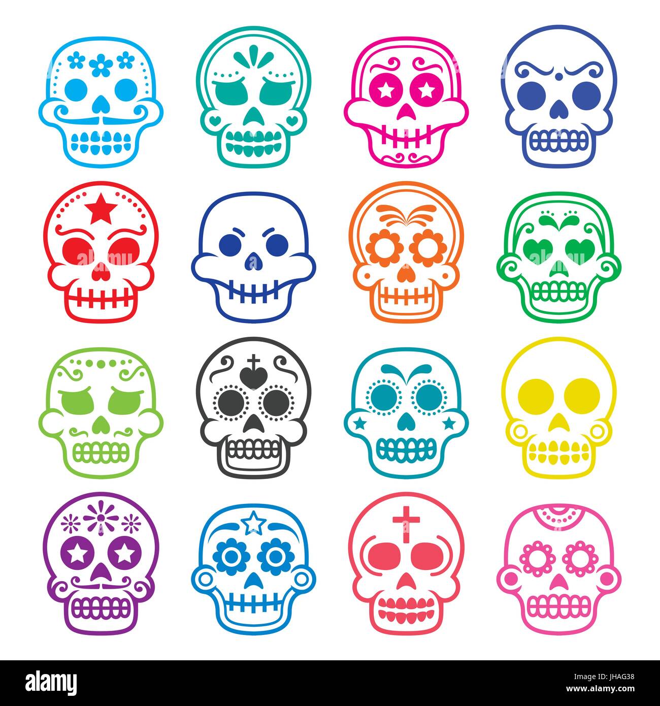 Halloween, Mexican sugar skull, Dia de los Muertos - cartoon icons   Vector icons set of decorated skull isolated on white - death concept Stock Vector