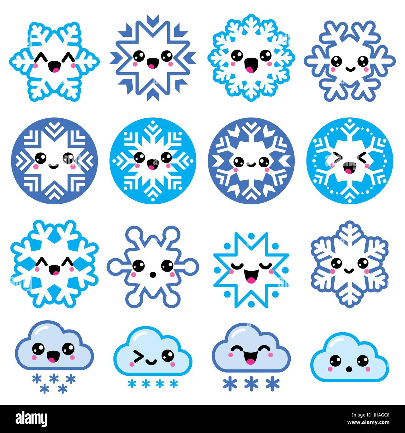 Kawaii Snowflakes Clouds With Snow Christmas Winter Icons Set Vector Icons Set Of Cute Kawaii Characters Snowflakes Isolated On White Stock Vector Image Art Alamy